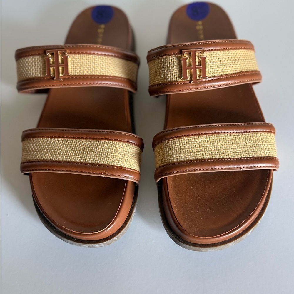 Tommy Hilfiger Tan Leather & Natural Raffia Double Strap Slides Women’s 8.5
